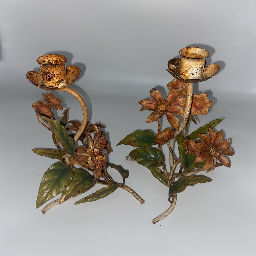 Vintage Tole Patina Floral Candle Holders - Picture 6 of 9